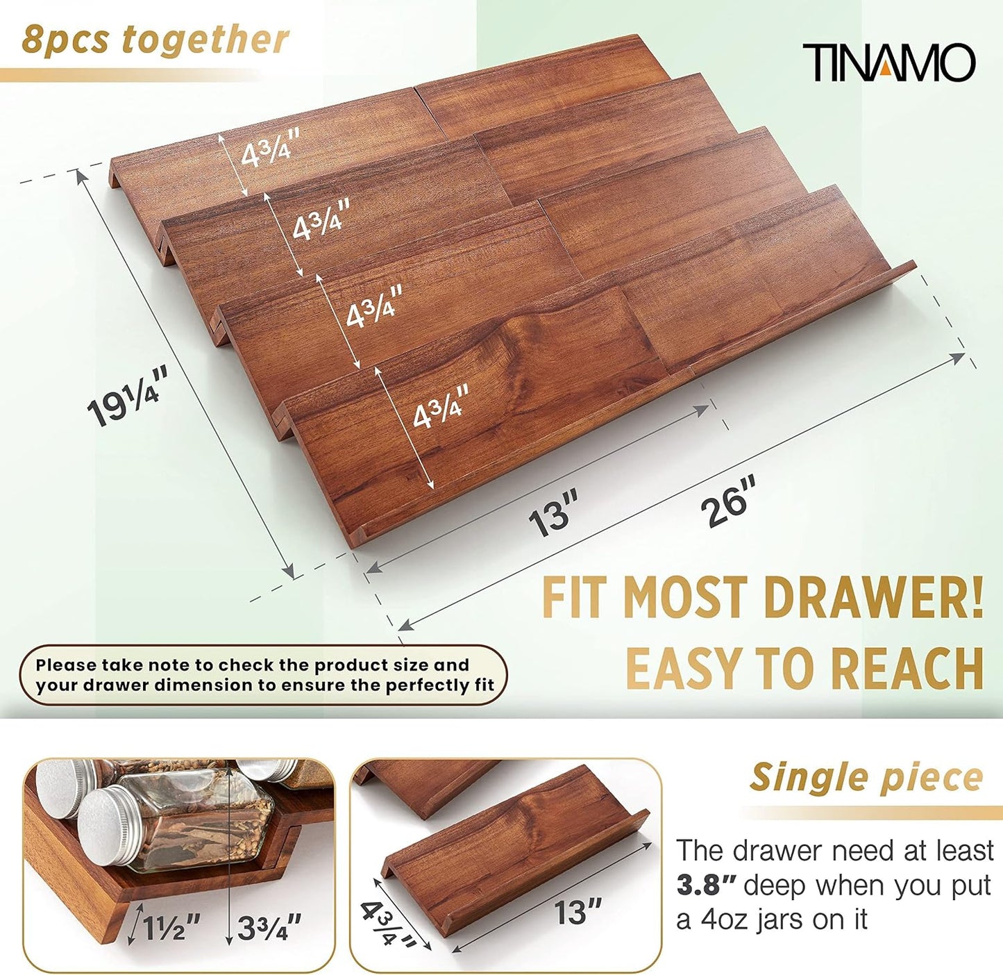 Tinamo Acacia Wood 4-Tier Spice Rack Organizer for Cabinet, Pack of 8 Pcs | Solid Acacia Wood Construction, No assembly, Stackable 4-tray design, Spacious for up to 64pcs 4oz Jars, Easy to Clean