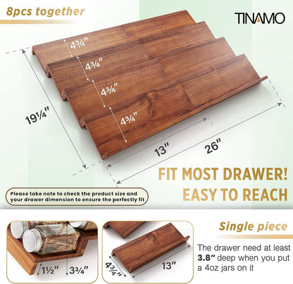 Tinamo Acacia Wood 4-Tier Spice Rack Organizer for Cabinet, Pack of 8 Pcs | Solid Acacia Wood Construction, No assembly, Stackable 4-tray design, Spacious for up to 64pcs 4oz Jars, Easy to Clean