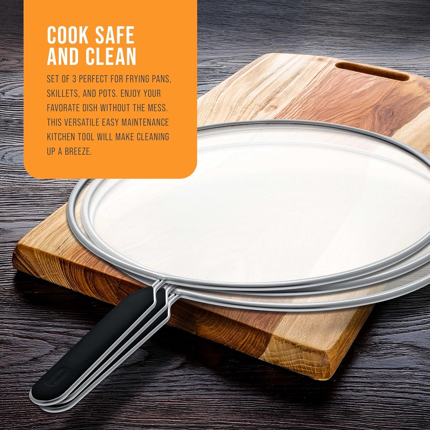 U.S. Kitchen Supply 4-Piece Stainless Steel Splatter Guard Set (13", 11.5", 10",8”) Fine Mesh Cover, Grease & Oil, Splatter Screen for Frying Pan, Cooking Pots, with Comfort Grip Handles
