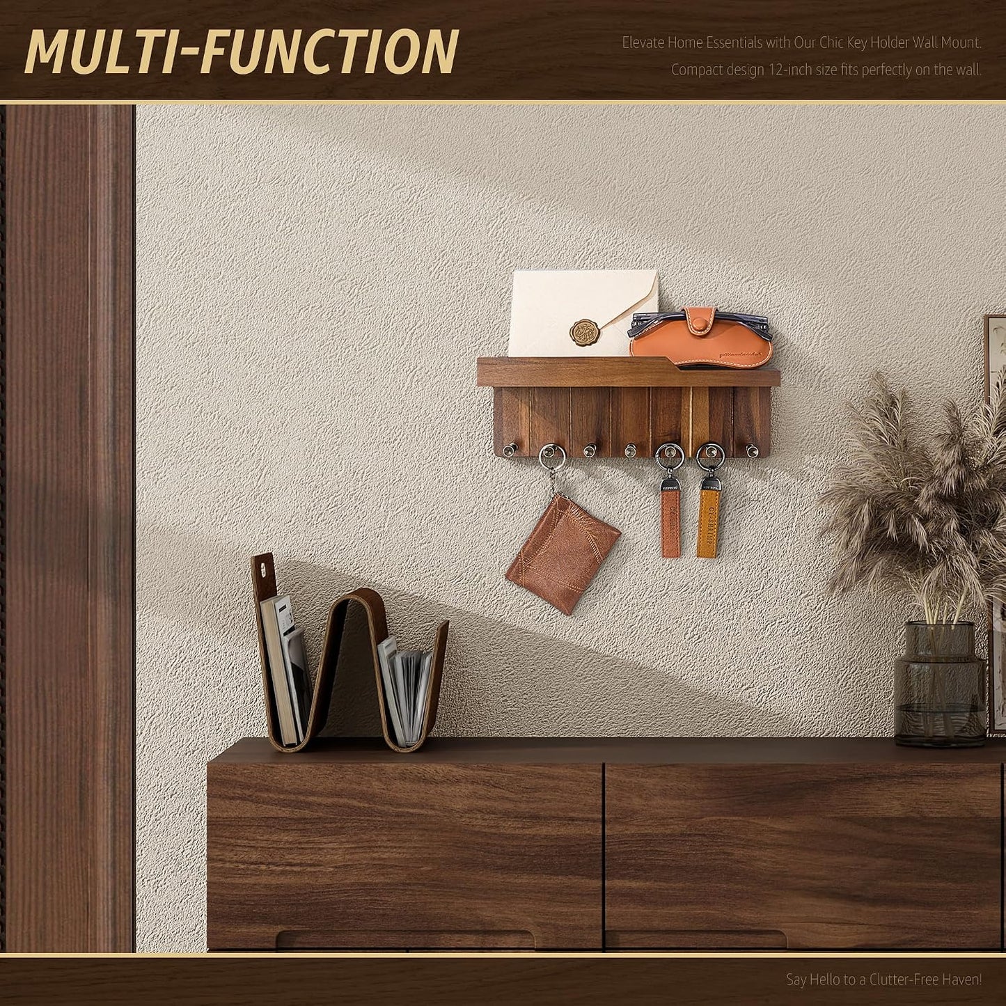 Rebee Vision Key Holder Wall Mount with Shelf for Entryway, Distressed Blue | Key and Mail Holder for Wall, Shelf, 4 Key Hooks, Farmhouse Decor, Room Decor Aesthetic, Compact Home Storage, Wall Organizer