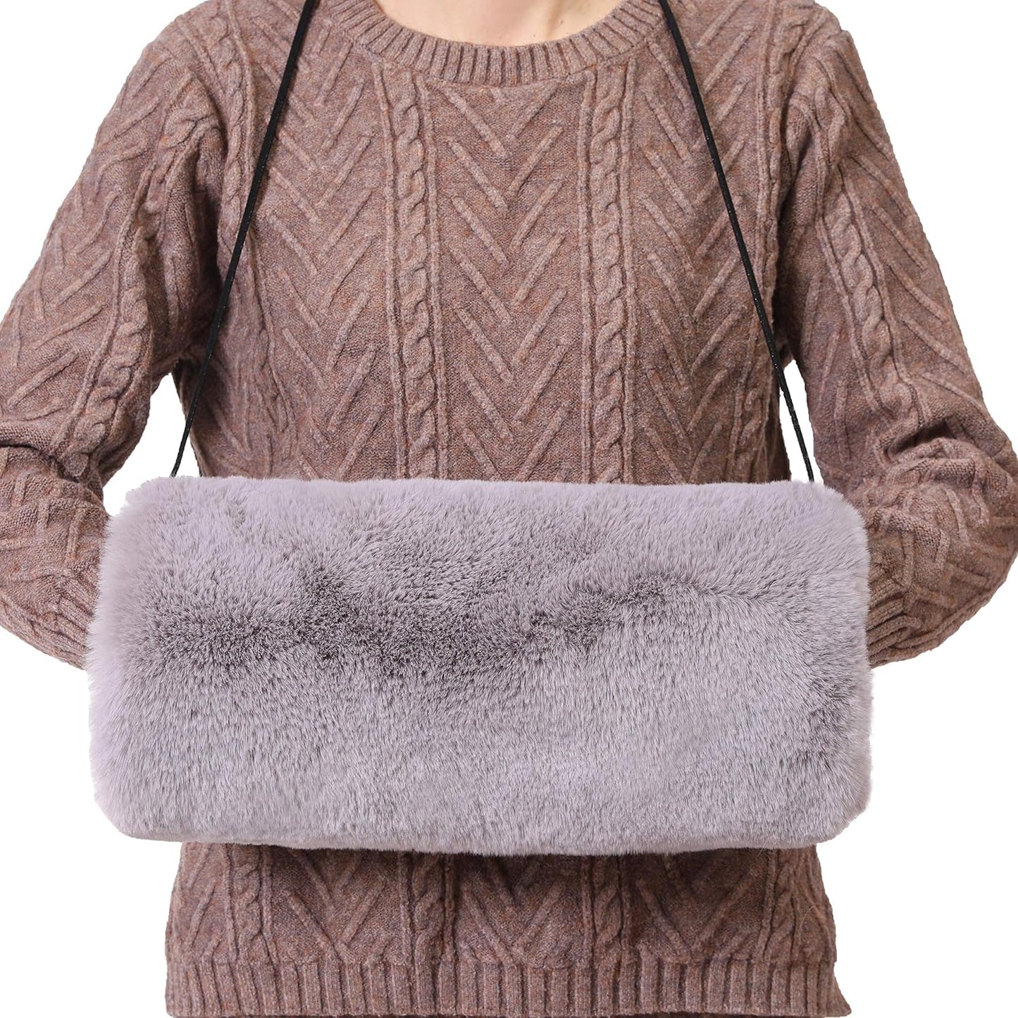 Faux Fur Hand Muff for Women Winter Hand Warm Warmer with PU Leather Strap