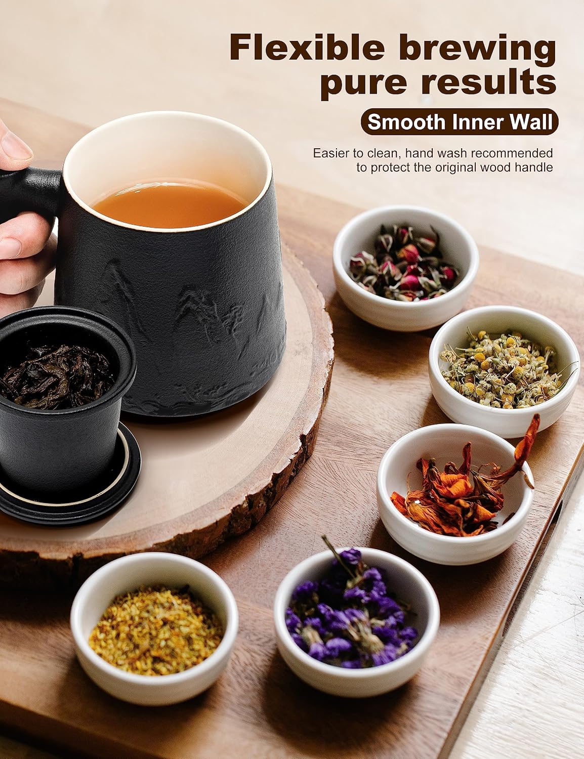 suyika Tea Cup with Infuser and Lid, 15.2 Ounce Wood Handle Ceramic Loose Leaf Mug Gradient Black&Green 450ml