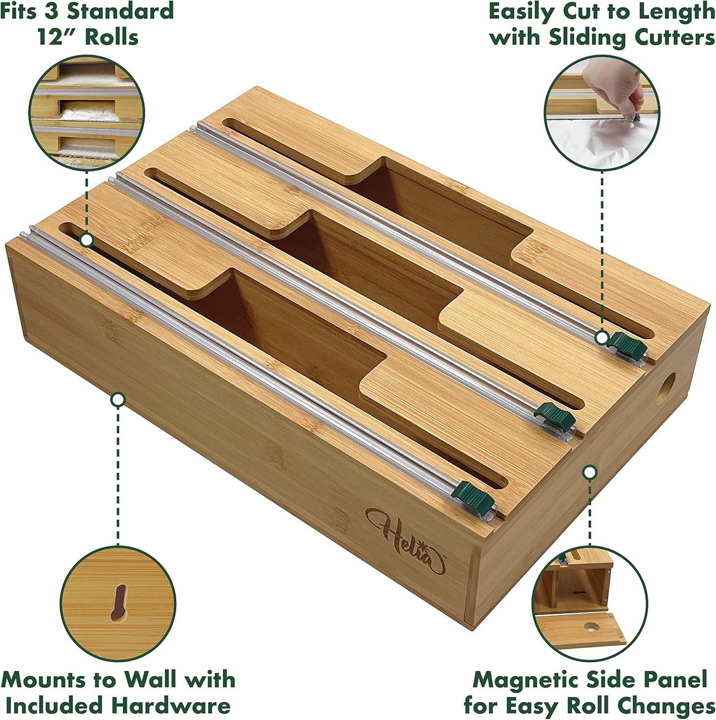 HELIA Bamboo Kitchen Wrap Organizer | Wall Mounting Solid Bamboo Foil and Plastic Wrap Dispenser with Sliding Cutters | Aluminum Foil and Plastic Wrap Dispenser with Cutter