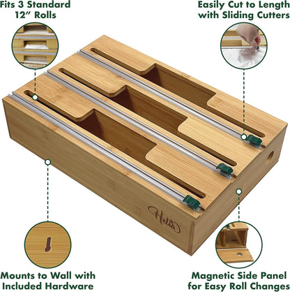 HELIA Bamboo Kitchen Wrap Organizer | Wall Mounting Solid Bamboo Foil and Plastic Wrap Dispenser with Sliding Cutters | Aluminum Foil and Plastic Wrap Dispenser with Cutter