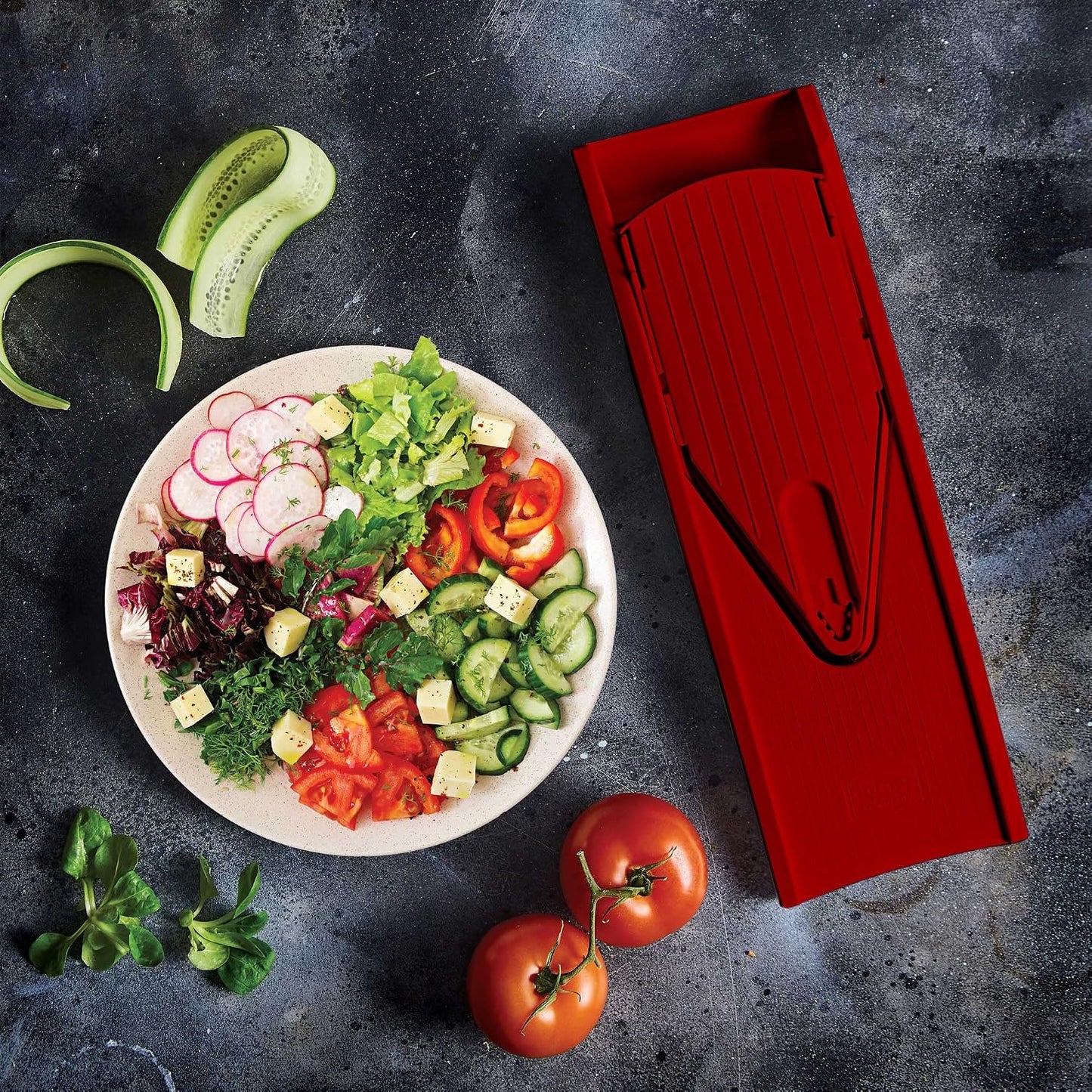 Börner Mandoline Slicer V1 (Basis Set) • V-Slicer with 2 Inserts & Fruit Holder • Adjustable Kitchen Slicer for Vegetables & Fruits • Vegetable Cutter • 3 Thickness Settings • Color: Red