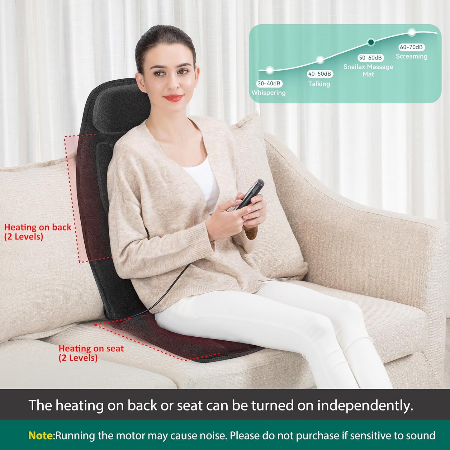 Snailax Massage Seat Cushion with Heat - Extra Memory Foam Support Pad in Neck and Lumbar,10 Vibration Massage Motors, 2 Heat Levels, Back Massager Chair Pad for Back | 【Gift for Men Women】10 Vibration Motors, 5 Massage Modes, Adjustable 3 Intensity,