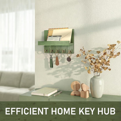 Rebee Vision Key Holder Wall Mount with 5 Key Hooks for Home Decor, Brown | 3.54'' x 10'' x 7.28'', Small Shelf for Display Plant, Key Hangers for Hat, Entryway Space-Saving Storage