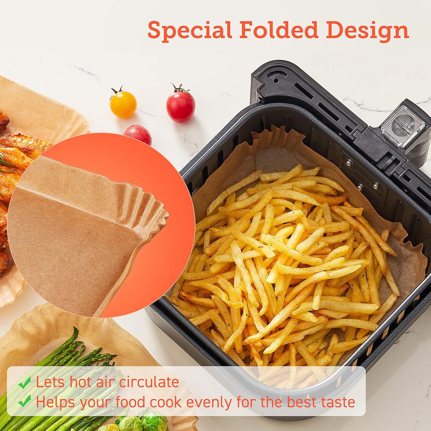Cosori Air Fryer Liners, 100 PCS, 6.5", Square, Fits 3-5Qt Air Fryers | 465°F Resistant, Wax-Free, Bleach-Free, Non-Toxic, Non-Stick Silicone Oil Coating, Food-Grade, Microwave & Oven Compatible