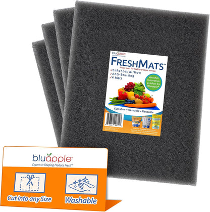 Bluapple FreshMats - Refrigerator Bin Liners, Fridge Drawer Mats - Keeps Produce Fresh Longer, Prevents Bruising, Promotes Air Circulation - BPA-Free Polyurethane Foam - (4-Piece Set, 12"x15", Green)