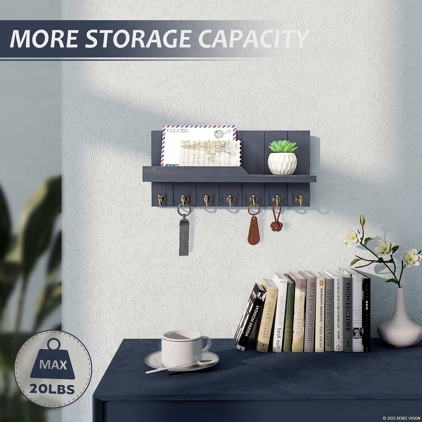 Rebee Vision Key Holder Wall Mount with 5 Key Hooks for Home Decor, Brown | 3.54'' x 10'' x 7.28'', Small Shelf for Display Plant, Key Hangers for Hat, Entryway Space-Saving Storage