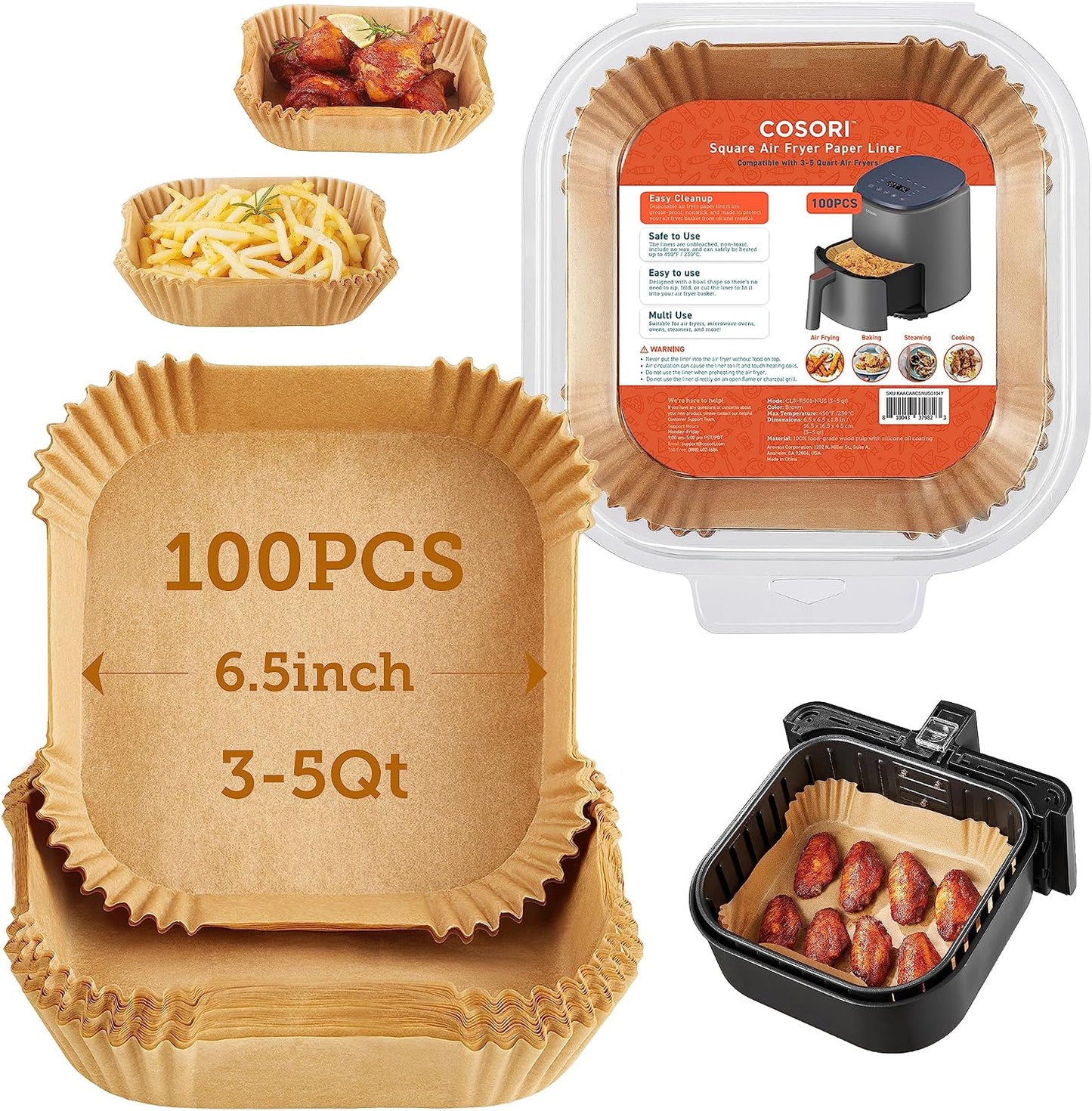 Cosori Air Fryer Liners, 100 PCS, 6.5", Square, Fits 3-5Qt Air Fryers | 465°F Resistant, Wax-Free, Bleach-Free, Non-Toxic, Non-Stick Silicone Oil Coating, Food-Grade, Microwave & Oven Compatible