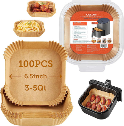 Cosori Air Fryer Liners, 100 PCS, 6.5", Square, Fits 3-5Qt Air Fryers | 465°F Resistant, Wax-Free, Bleach-Free, Non-Toxic, Non-Stick Silicone Oil Coating, Food-Grade, Microwave & Oven Compatible