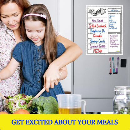 White Magnetic Dry Erase Weekly Menu Board for the Fridge | Weekly meal and dinner planner, 7-day grid, grocery and to-do lists, 12x16 inches, fits standard fridge, 3 markers, eraser