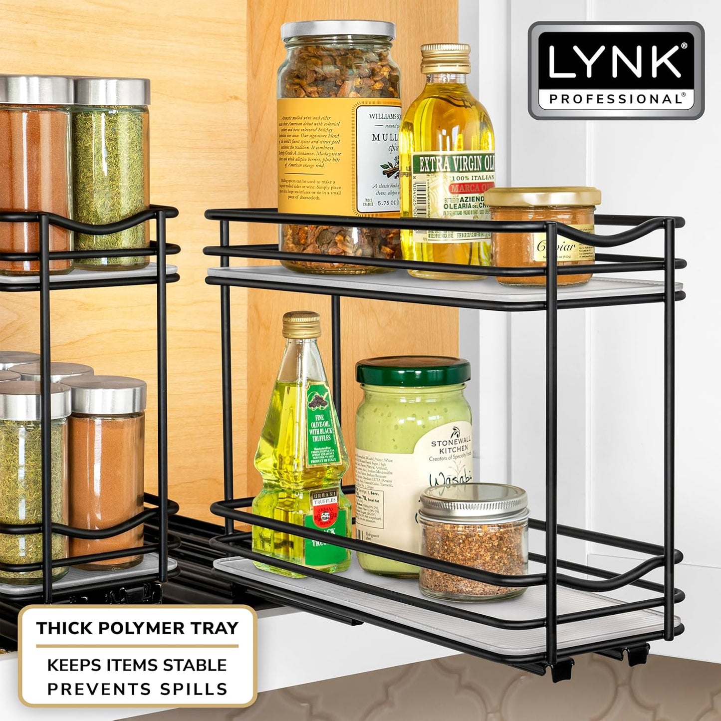 LYNK PROFESSIONAL® Pull Out Spice Organization for Cabinets - 4-3/8 inch Wide – Spice Rack for Inside Cabinets, Slide Out Spice Rack Organizer for cabinet – Pull Out Spice Rack, Sliding 2 Tier Chrome
