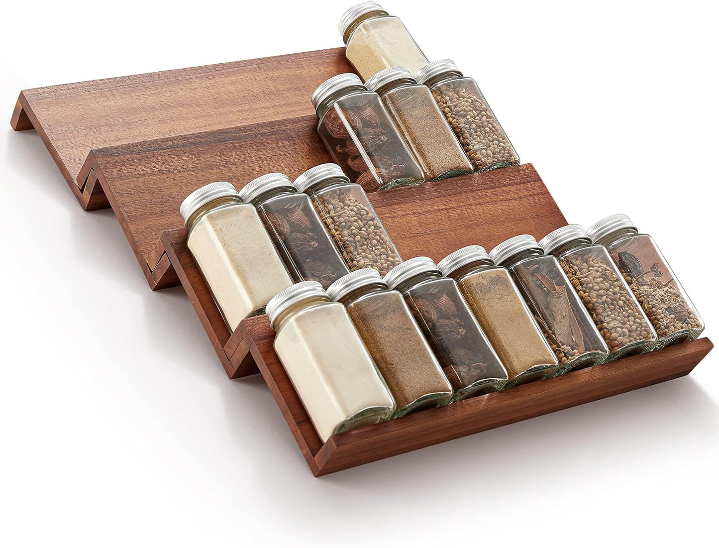 Tinamo Acacia Wood 4-Tier Spice Rack Organizer for Cabinet, Pack of 8 Pcs | Solid Acacia Wood Construction, No assembly, Stackable 4-tray design, Spacious for up to 64pcs 4oz Jars, Easy to Clean