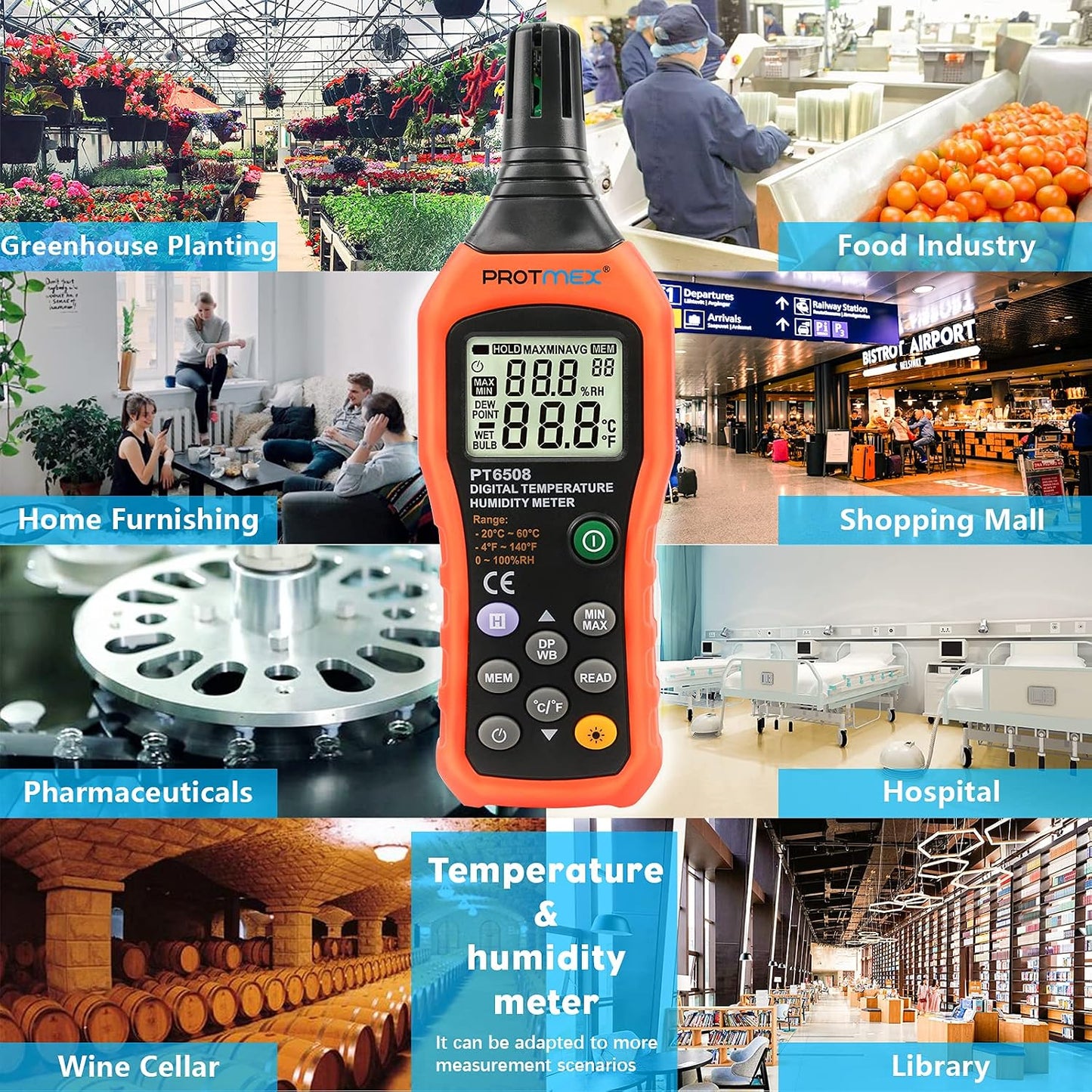 PT6508 Temperature Humidity Meter - Wet Bulb for Indoor/Outdoor | Digital Thermometer Hygrometer Monitor with Ambient, Dew Point, MIN, MAX, Data Hold, LCD Backlight