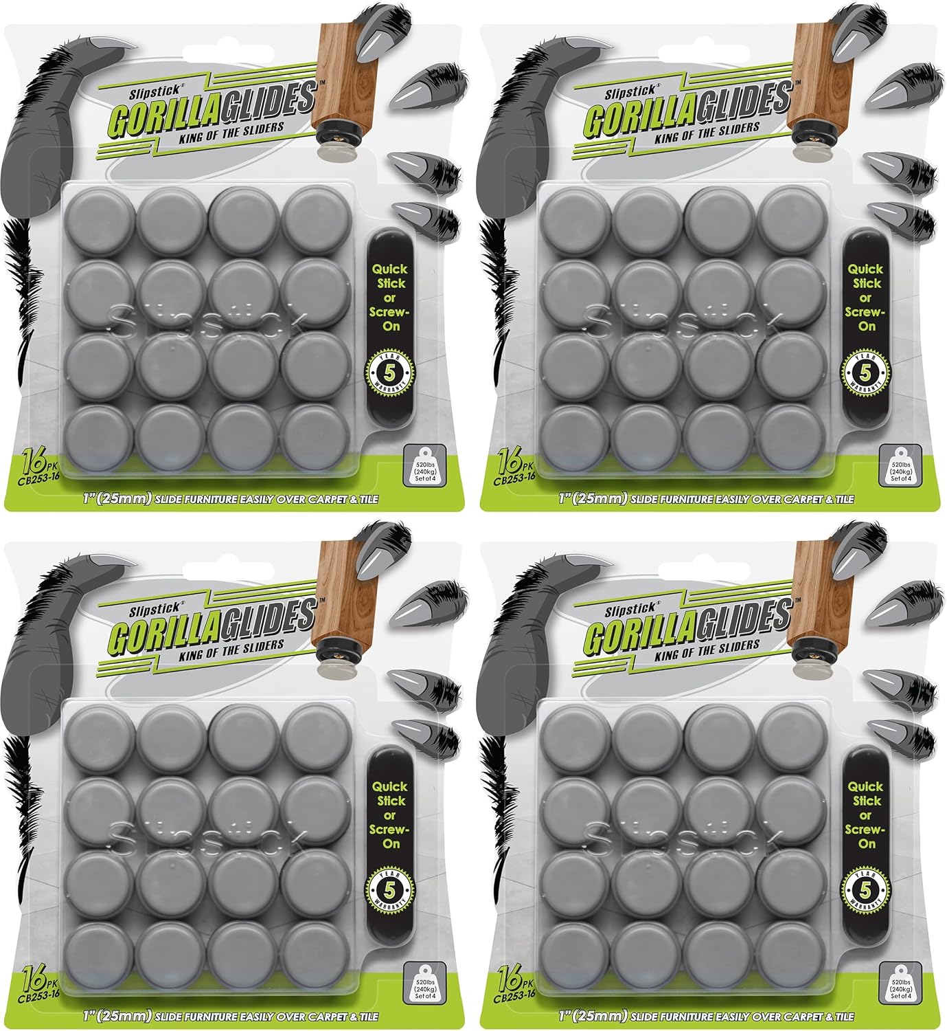 GorillaGlides 1 Inch Chair Sliders/Furniture Floor Protectors (16 Furniture Glides) Self-Adhesive Screw On Chair Glides for Sliding on Low-Pile Carpet & Hard Surface Floors, Round