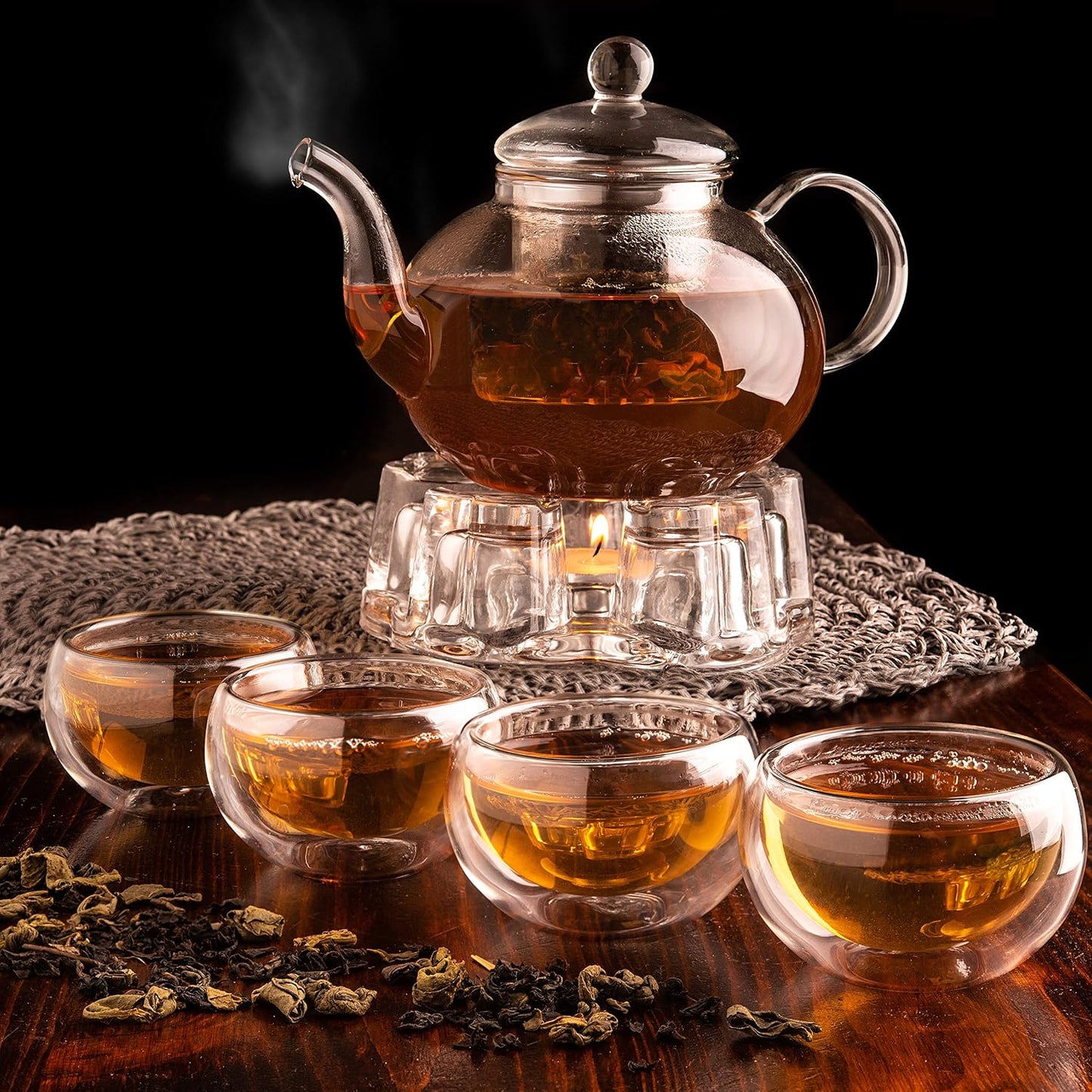 Moss & Stone Glass 27oz Tea Kettle Infuser & 4 Tea Cups Gift Set, Borosilicate Glass Teapot With Removable Glass Strainer & Teacups Of 2.7 oz, Teapot With Strainer Microwave Safe Tea Maker