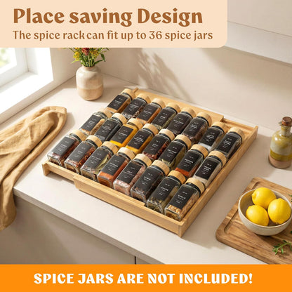 Bamboo Spice Drawer Organizer - Expandable 4 Tier Spice Rack (Need 3" Deep Drawer) 12" to 24" Wide, Seasoning Organizer, Organization Seasoning Rack insert (Jars Not Included)