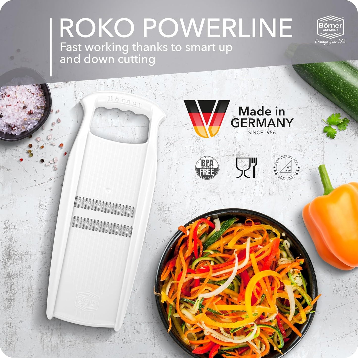 Börner Roko PowerLine Vegetable Slicer Set (2-piece) • Fine Julienne Cutter for Fruit and Vegetables + Safety Guard • Julienne Slicer • Mandoline Slicer Set • Kitchen Slicer (Red)