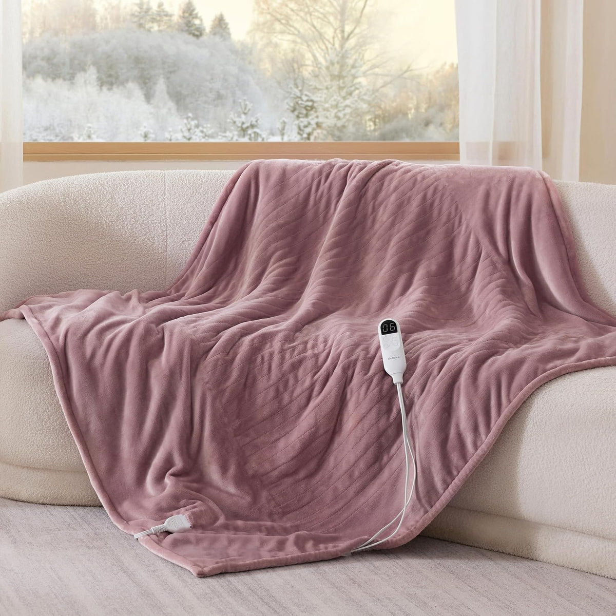 Bedsure Heated Blanket Throw, Soft Electric Blanket with Preheat, Cream