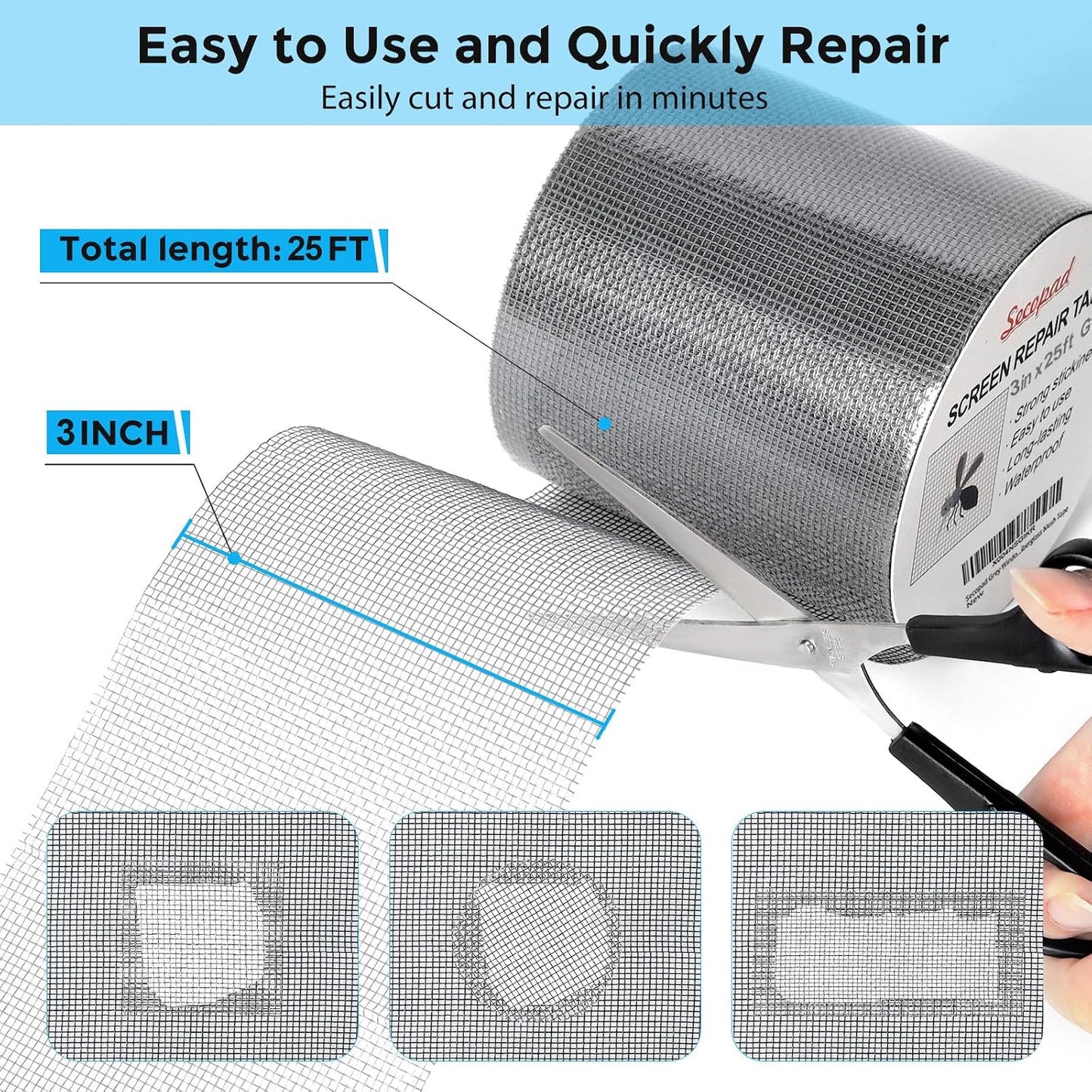 Secopad 2" x 180" (15FT) Screen Repair Tape, Screen Repair Kit, Black | Window Screen Patch, Quick Repair, Strong Adhesive, Easy to Use, For Mesh Window & Door, Cuttable Fiberglass, No Tools Needed