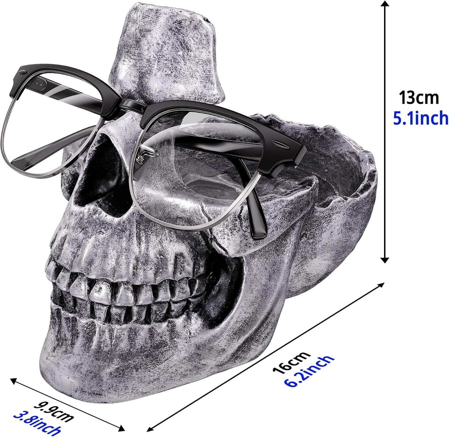 READAEER Skull Glasses Stand Holder, Creative Eyeglasses Holder, Sunglasses Spectacle Display Rack, Key Holder Resin Sculptures for Entryway, Home, Office, Desk, Nightstand (White)