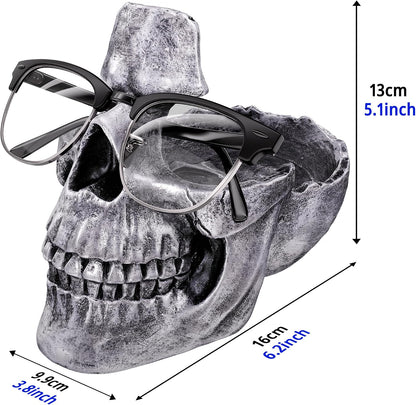 READAEER Skull Glasses Stand Holder, Creative Eyeglasses Holder, Sunglasses Spectacle Display Rack, Key Holder Resin Sculptures for Entryway, Home, Office, Desk, Nightstand (White)