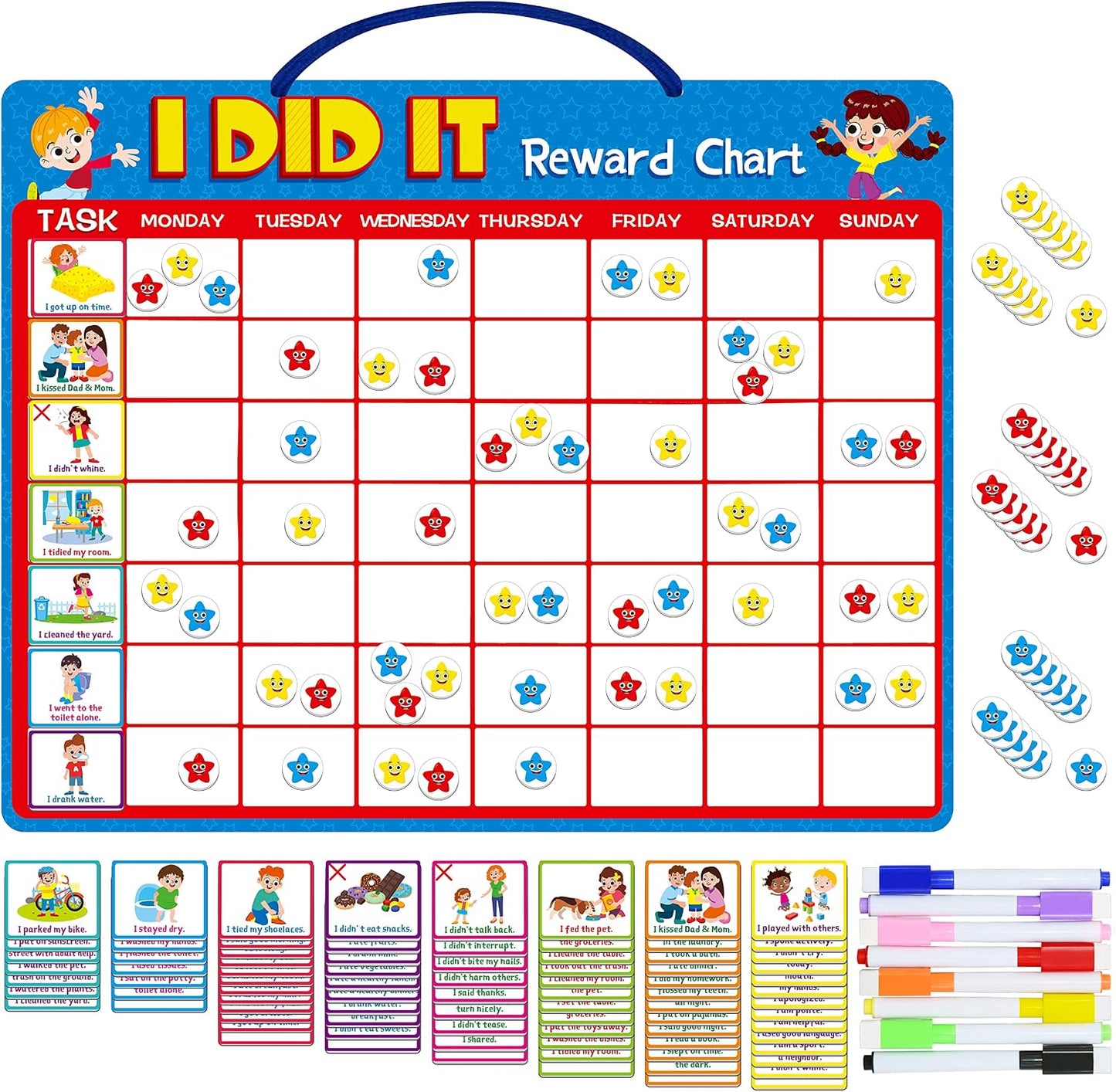 Magnetic Reward Chart, Dry Erase Kids Behavior Responsibility Task Board-84 Chores (Including 7 Blanks), 272 Magnetic Stars, 8 Markers & 3 Name Cards-Good Behavior Daily Routine to Motivate Kids