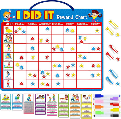 Magnetic Reward Chart, Dry Erase Kids Behavior Responsibility Task Board-84 Chores (Including 7 Blanks), 272 Magnetic Stars, 8 Markers & 3 Name Cards-Good Behavior Daily Routine to Motivate Kids