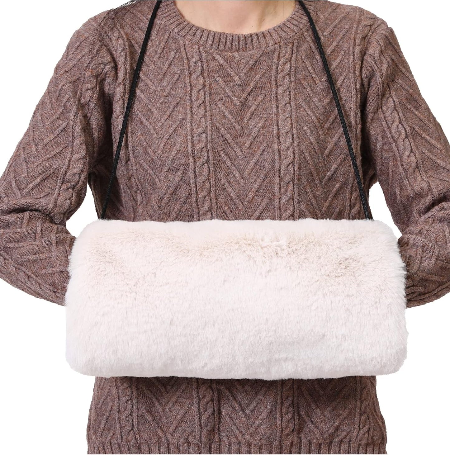 Faux Fur Hand Muff for Women Winter Hand Warm Warmer with PU Leather Strap