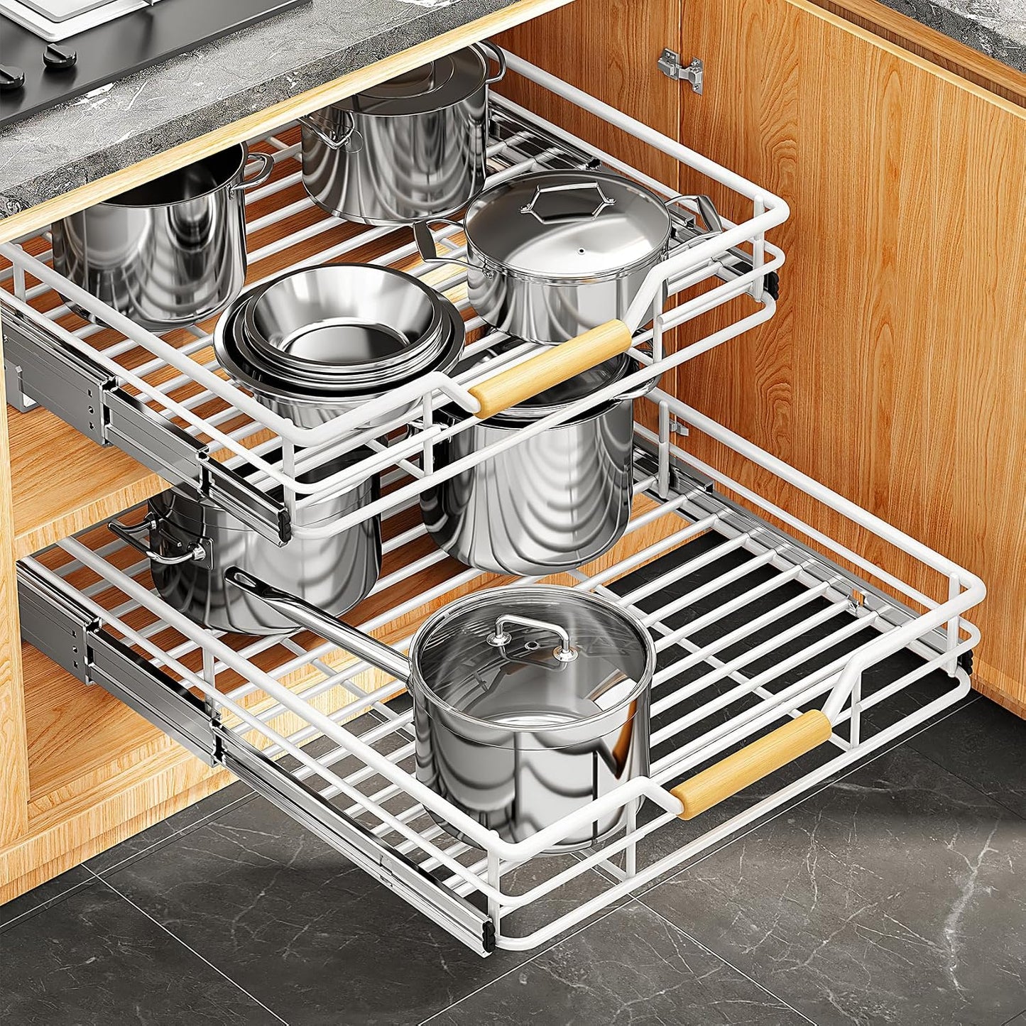 Pull out Cabinet Organizer, 15"W X 21"D, Heavy Duty Smooth Sliding Under Cabinet Shelves for Pots and Pans, Full-Extension Roll out Drawers, Slide out Organization for Home Kitchen Pantry