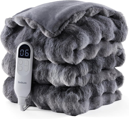 Bedsure Heated Blanket Electric Throw - Thick Striped Fast Heating Electric Blanket with Preheat Function, 6 Heat & 6 Timer (Up to 10H), 8H Auto Off, ETL Certified, Gifts for Women (50"x60", White)