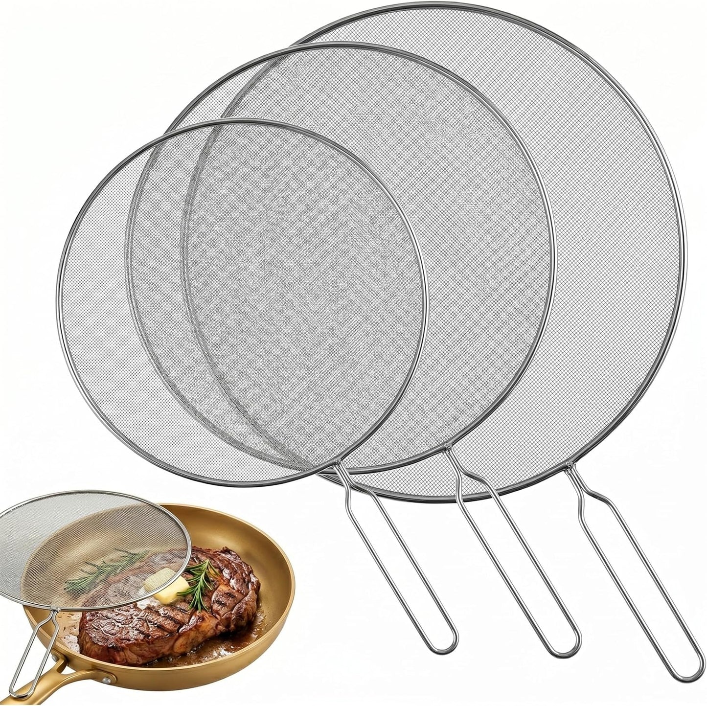 Classic Cuisine Splatter Screen Set, Silver, 3-Piece-Set, 17.25”/16”/15.25” | Fine Mesh Stainless-Steel Grease Splatter Guard for Pots, Pans, and Skillets, Kitchen Gadgets