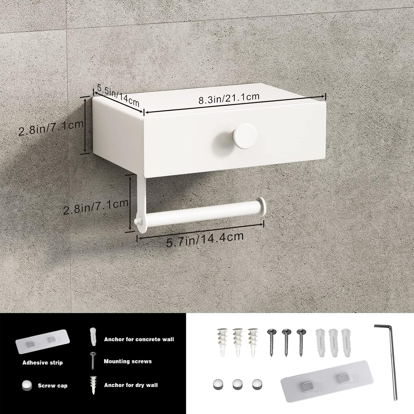 VOLDRA Toilet Paper Holder with Shelf Black Wipes Dispenser for Bathroom Toilet Paper Holder with Storage Upgrade Drawer Design Toilet Tissue Holder Adhesive Small Bathroom Shelf Wall Mount