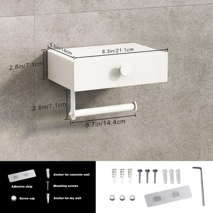 VOLDRA Toilet Paper Holder with Shelf Black Wipes Dispenser for Bathroom Toilet Paper Holder with Storage Upgrade Drawer Design Toilet Tissue Holder Adhesive Small Bathroom Shelf Wall Mount