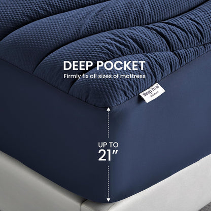 SLEEP ZONE Cooling Queen Mattress Topper, Premium Zoned Cool Mattress Pad Cover, Padded Mattress Protector Breathable Washable, Deep Pocket 8-21" (Grey, Queen)