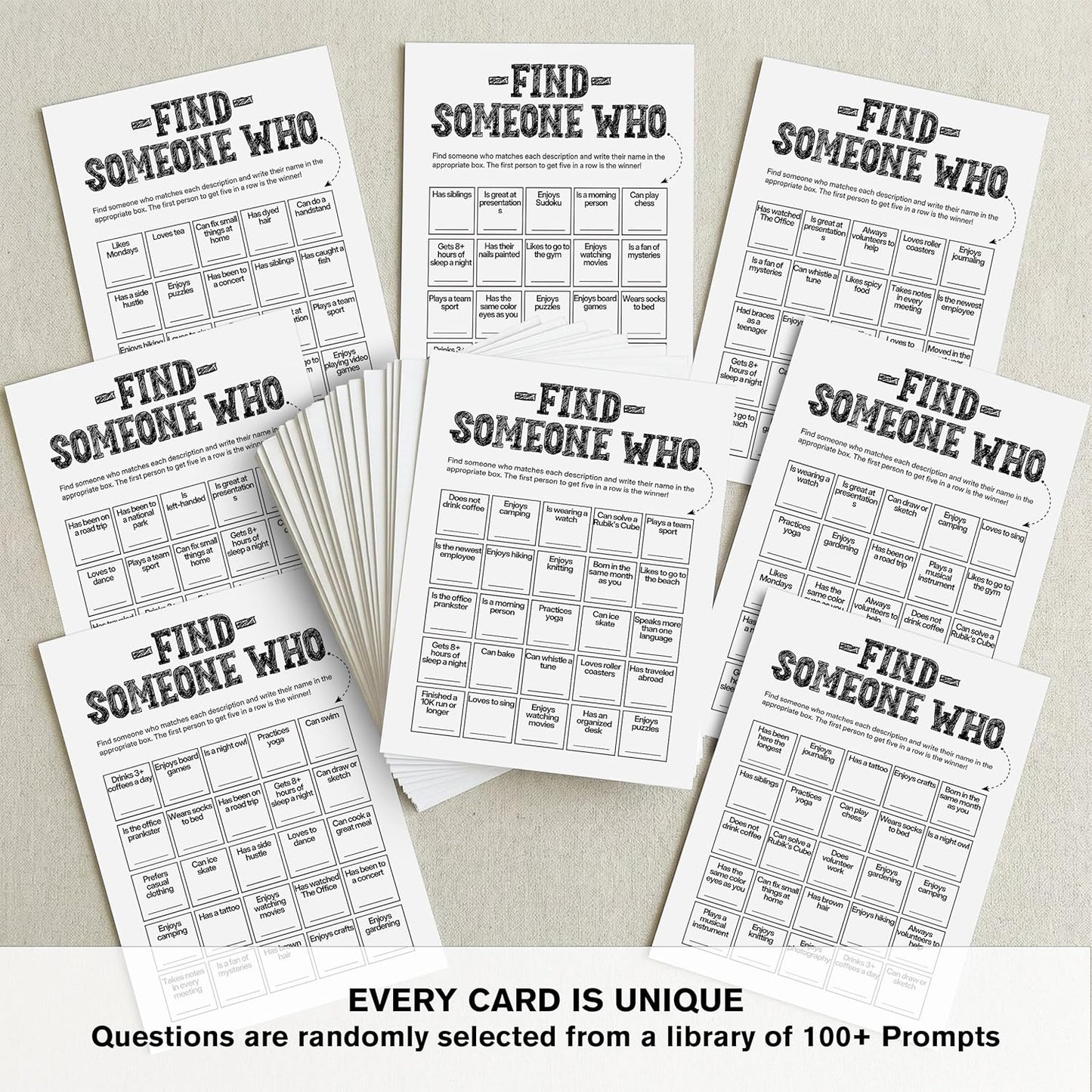Find Someone Who Bingo Cards, 25 Unique Randomized 5x7 Sheets, Get to Know You Bingo Game for Adults, Ice Breaker Office Party Games, Team Building Games for Work, High Replay Value - A05
