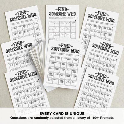Find Someone Who Bingo Cards, 25 Unique Randomized 5x7 Sheets, Get to Know You Bingo Game for Adults, Ice Breaker Office Party Games, Team Building Games for Work, High Replay Value - A05