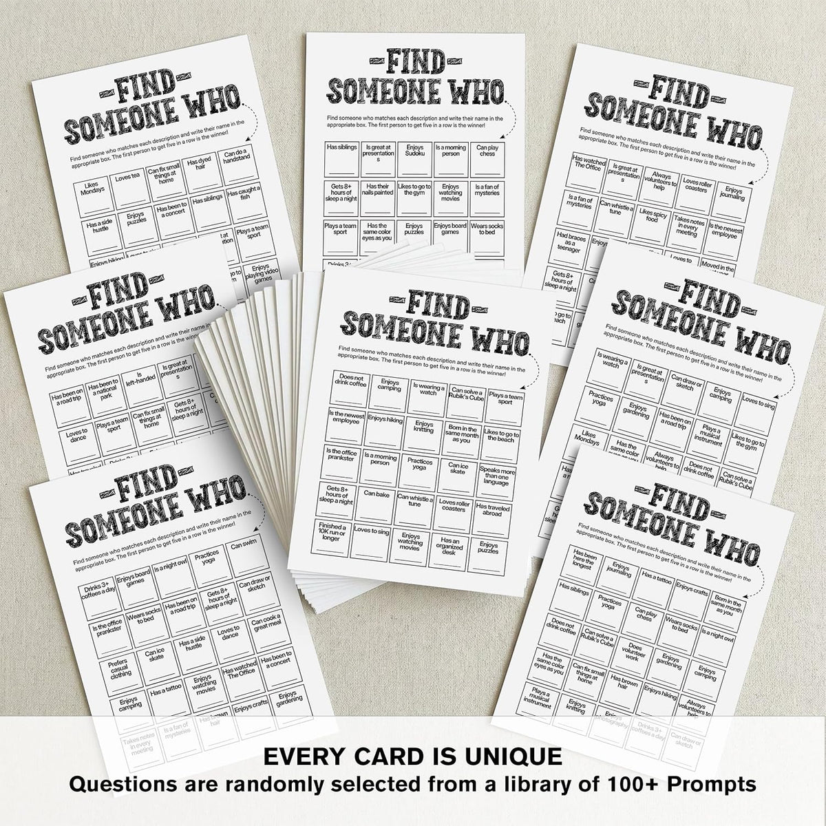 Find Someone Who Bingo Cards, 25 Unique Randomized 5x7 Sheets, Get to Know You Bingo Game for Adults, Ice Breaker Office Party Games, Team Building Games for Work, High Replay Value - A05