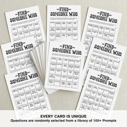 Find Someone Who Bingo Cards, 25 Unique Randomized 5x7 Sheets, Get to Know You Bingo Game for Adults, Ice Breaker Office Party Games, Team Building Games for Work, High Replay Value - A05