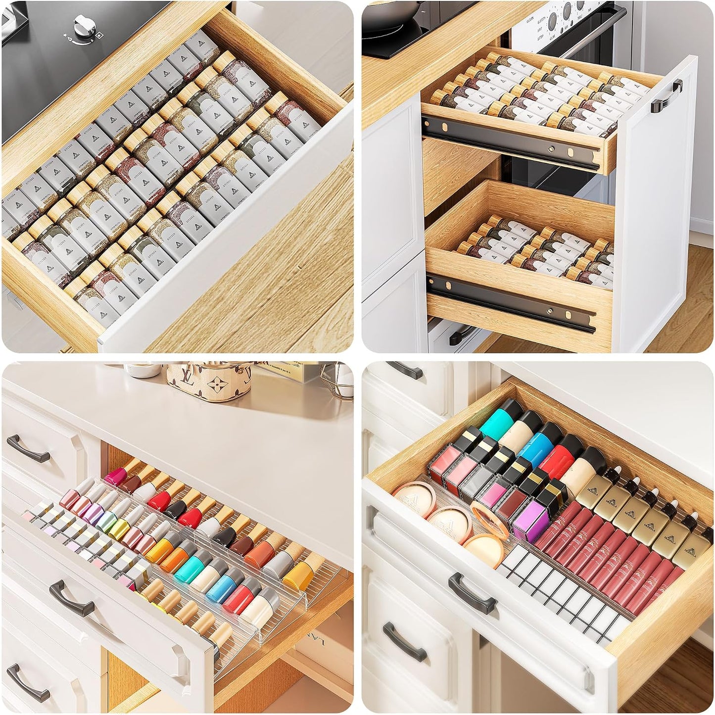 MUDEELA Clear Spice Drawer Organizer, 4 Tier- 2 Set (8 Packs) Spice Rack for Drawer, Expandable From 11" to 22" Kitchen Seasoning Organizers and Storage for Drawer (Jars not included)