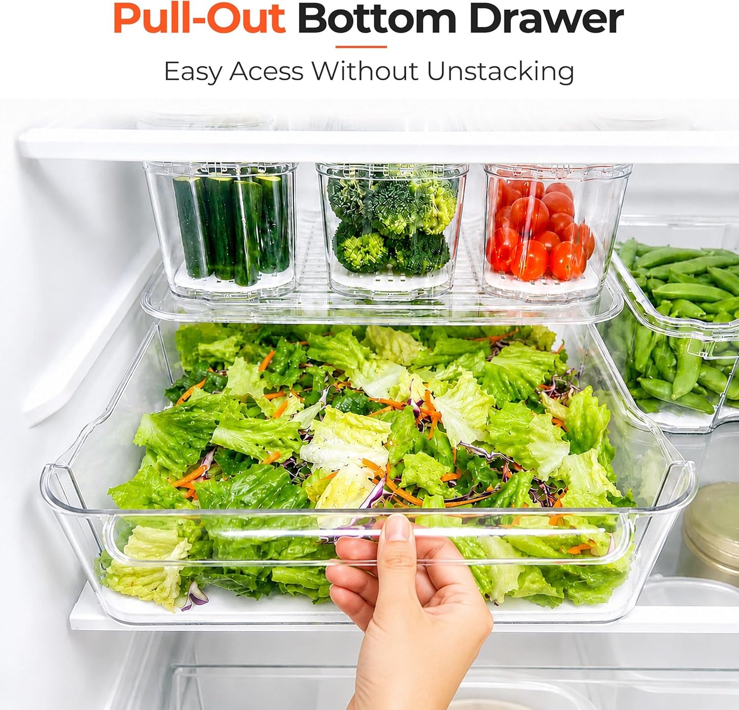 SMRCAD 6 Pack Clear Fridge Organizer Bins with Drain Trays - Stackable | BPA-Free PET, 6 Pack: 6 lidded Bins (Not drawer), Helps Keep Produce Fresh, 14L Capacity, Hand Wash Only