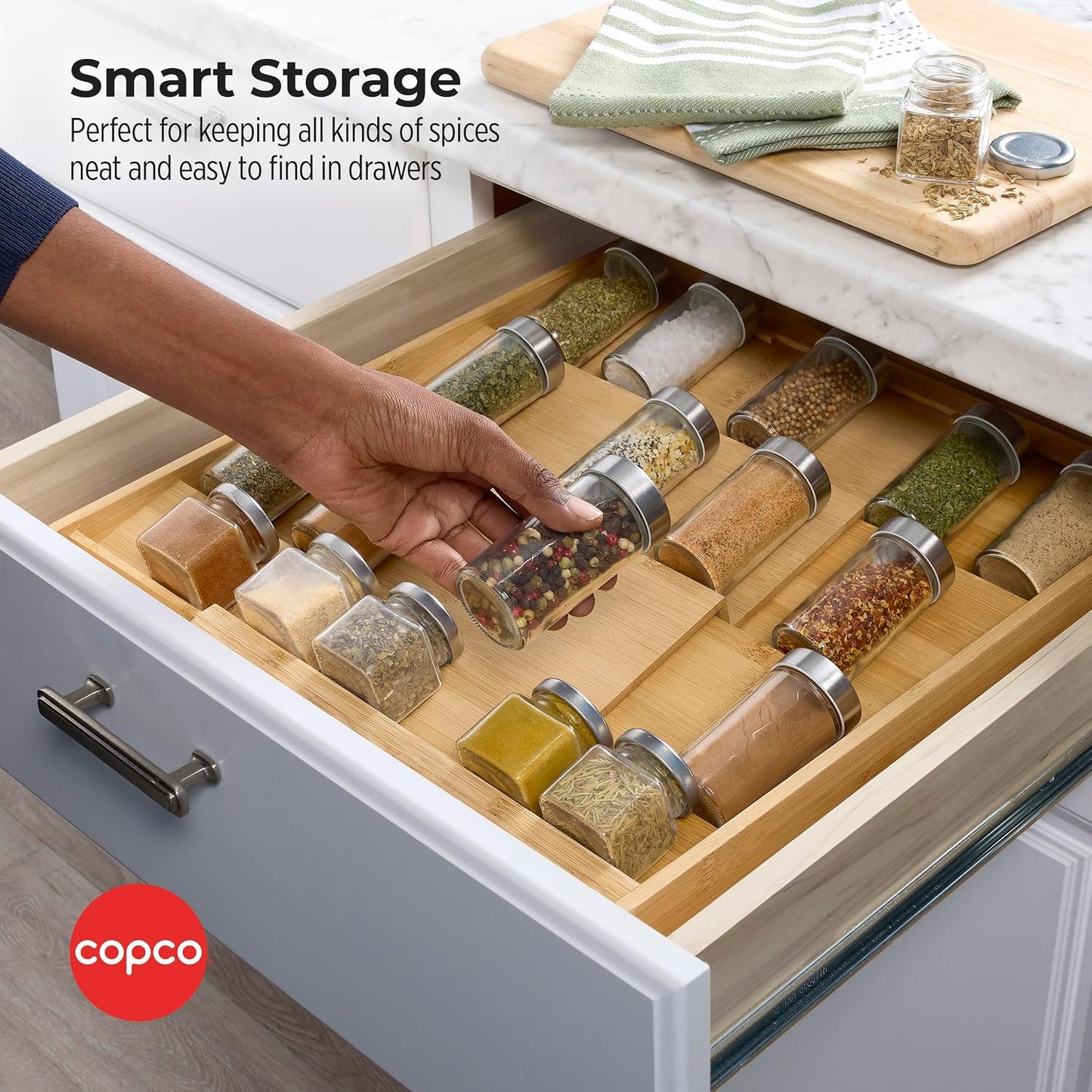 Copco Bamboo Expandable Spice Organizer Drawer and Counter Lazy Susan Turntable Style Tiered Rack - Adjustable 4-Tier Natural Wood Kitchen Spice Storage Organizer for Cabinet, Pantry, or Bathroom