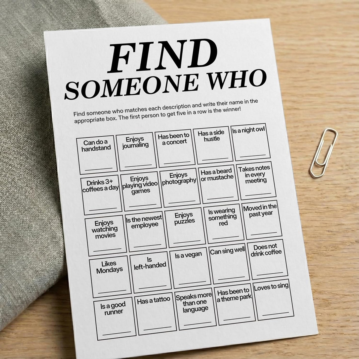 Find Someone Who Bingo Cards, 25 Unique Randomized 5x7 Sheets, Get to Know You Bingo Game for Adults, Ice Breaker Office Party Games, Team Building Games for Work, High Replay Value - A05