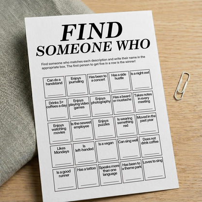 Find Someone Who Bingo Cards, 25 Unique Randomized 5x7 Sheets, Get to Know You Bingo Game for Adults, Ice Breaker Office Party Games, Team Building Games for Work, High Replay Value - A05