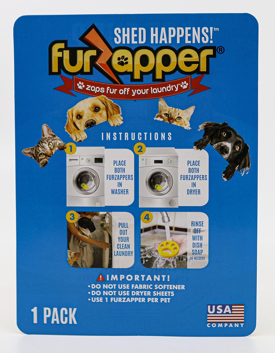 2 Pack FurZapper Pet Hair Remover for Laundry - Reusable Dog & Cat Hair Remover Tool As Seen on Shark Tank - Removes Pet Fur, Hair, Lint, Dander from Clothes & Laundry - One FurZapper Per Pet