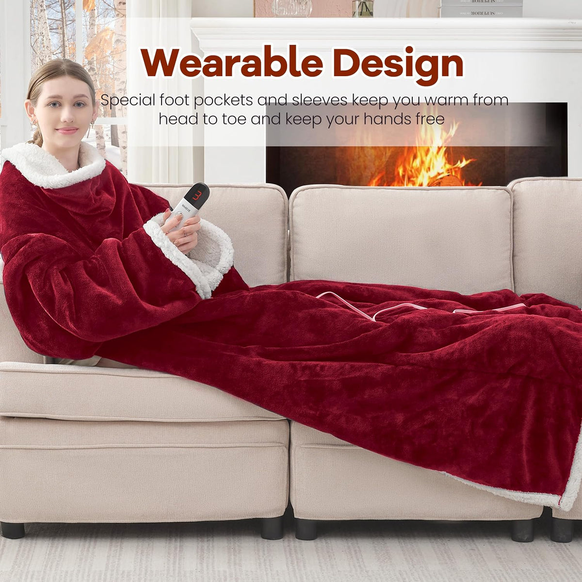 MAXEVE Heated Wearable Blanket with Foot Pocket & Sleeves Electric Snuggle