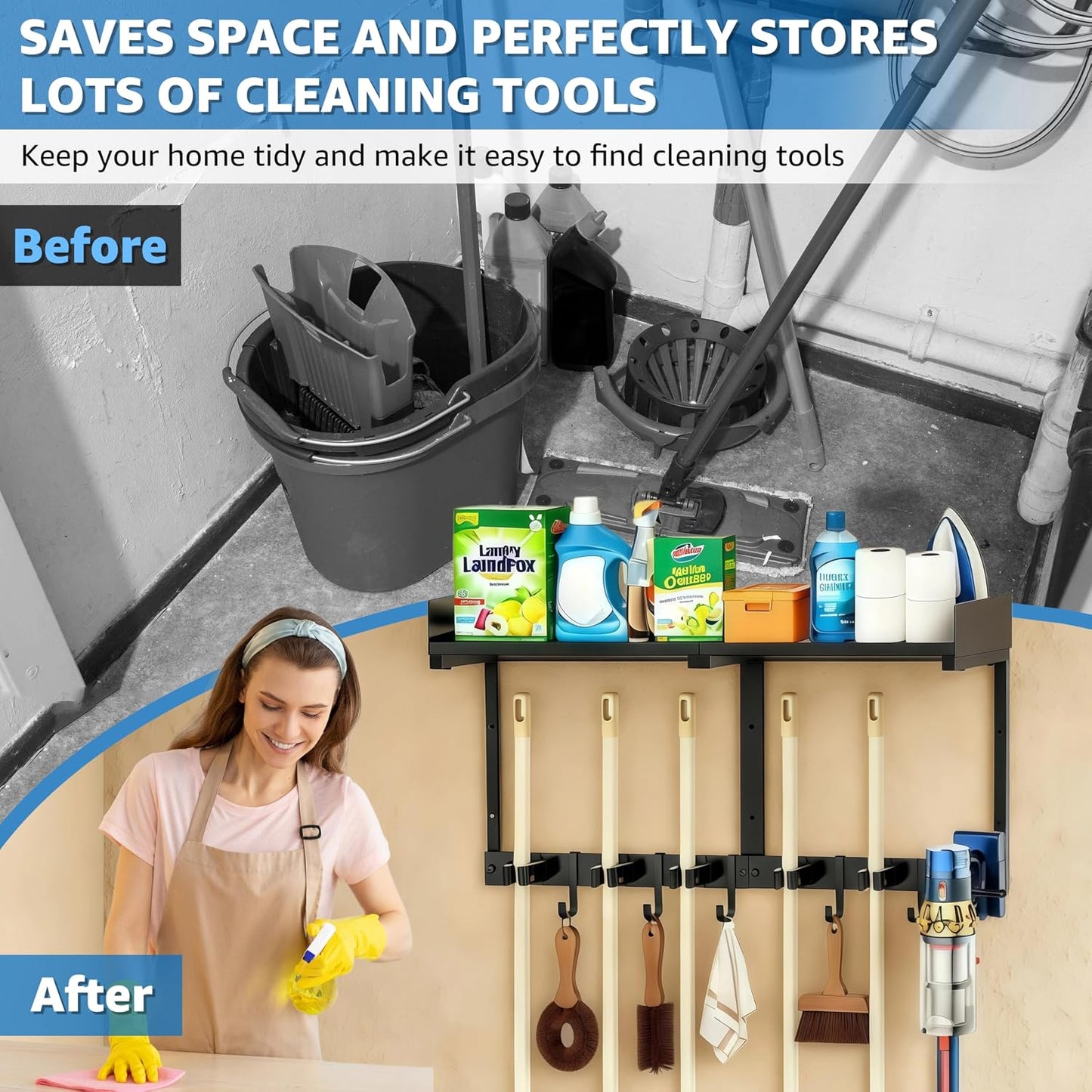 27" Mop and Broom Holder Wall Mount with Top Storage Shelf & Hooks,Black | Mop Hanger Wall Mount, 5 Grippers, 5 Hooks, Wall Organizer For Laundry Room, Garage And Kitchen