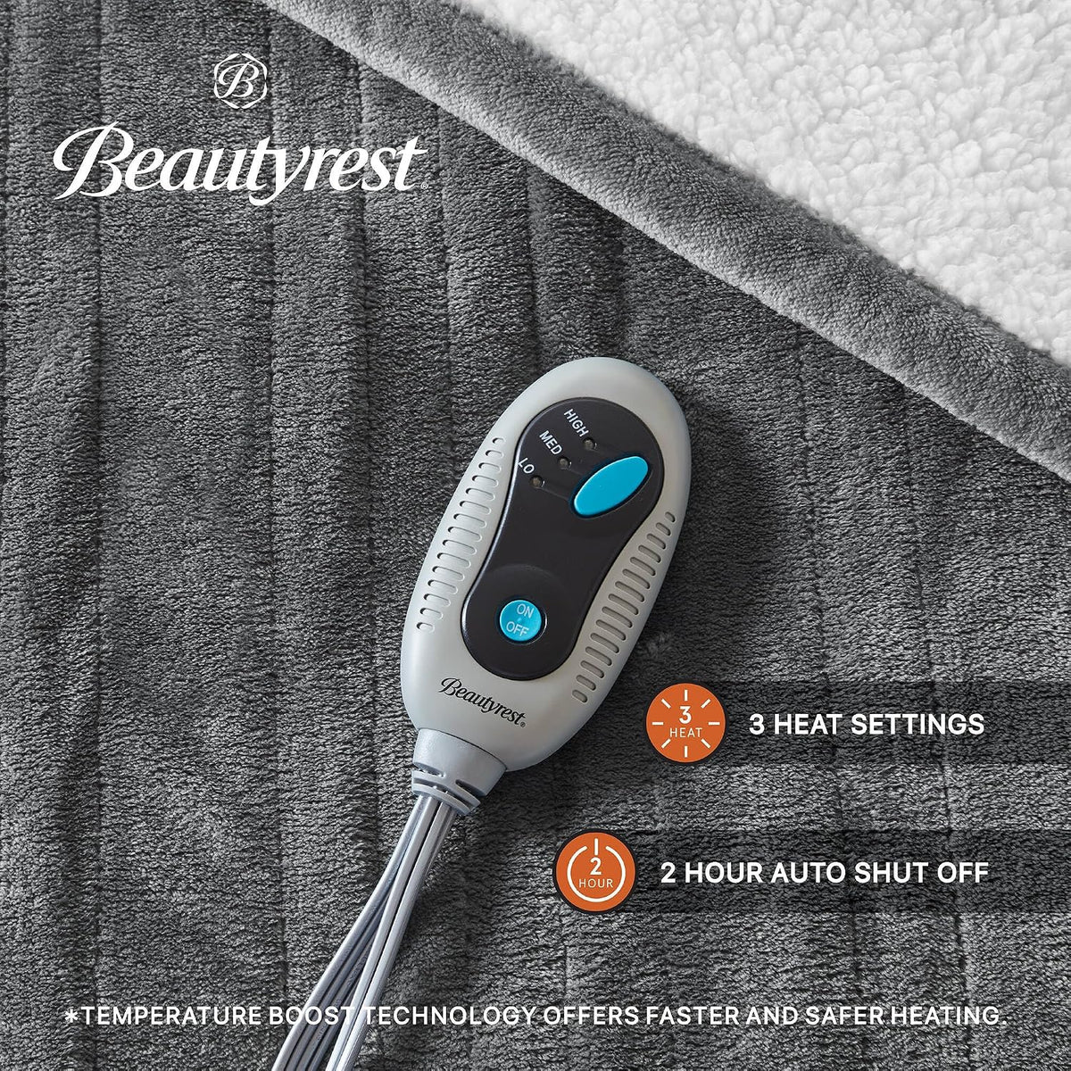 Beautyrest Reversible Heated Throw - Plush Sherpa Heating Blanket, Grey